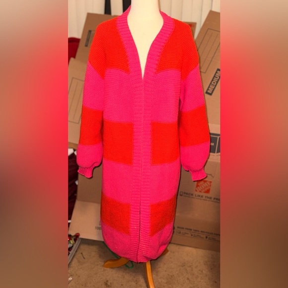 No brand orange and Pink Striped knit lOng cardigan medium - Picture 1 of 3
